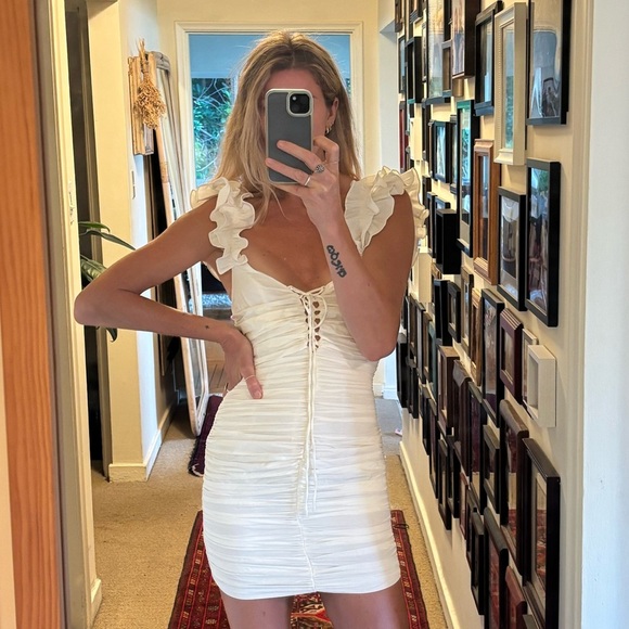 ZARA NWT White Draped Ruched Linen Ruffle Strap Contour Bodycon Tie Mini Dress - Picture 3 of 17